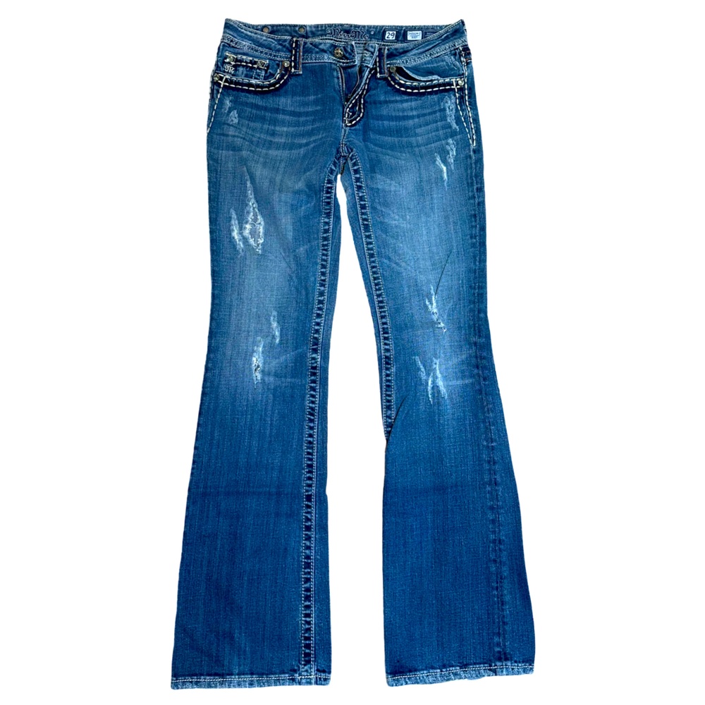 29 Miss Me boot cut jeans with bling and heavy stitching